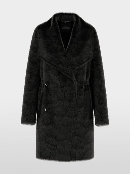 A black faux fur wrap coat with a wide collar and front tie detail, shown against a light gray background.