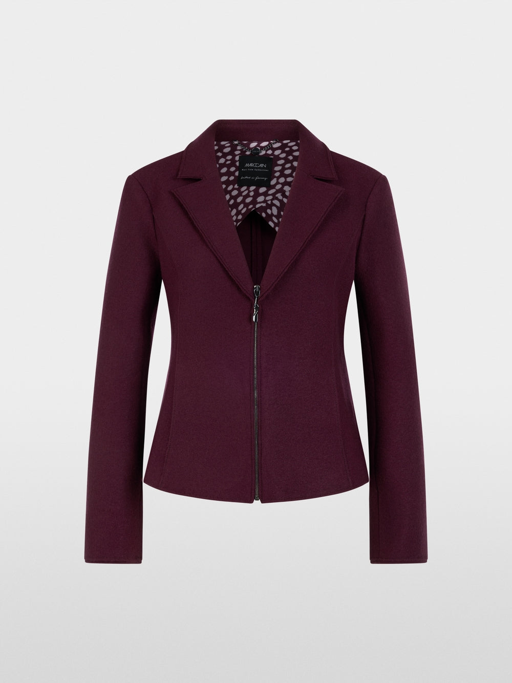 A women's structured blazer jacket in deep burgundy with a front zipper, notched lapels, and a patterned lining visible at the collar, shown on a light gray background.