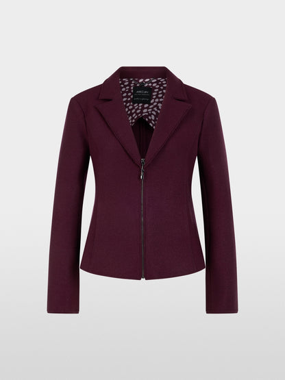 A women's structured blazer jacket in deep burgundy with a front zipper, notched lapels, and a patterned lining visible at the collar, shown on a light gray background.
