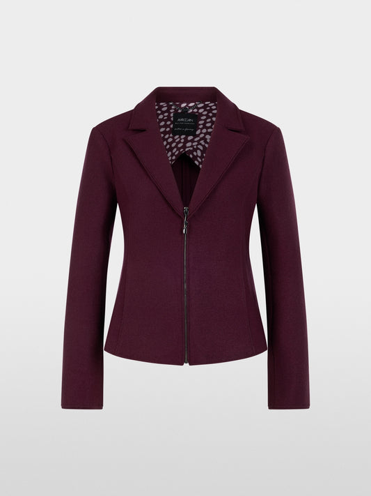 A women's structured blazer jacket in deep burgundy with a front zipper, notched lapels, and a patterned lining visible at the collar, shown on a light gray background.