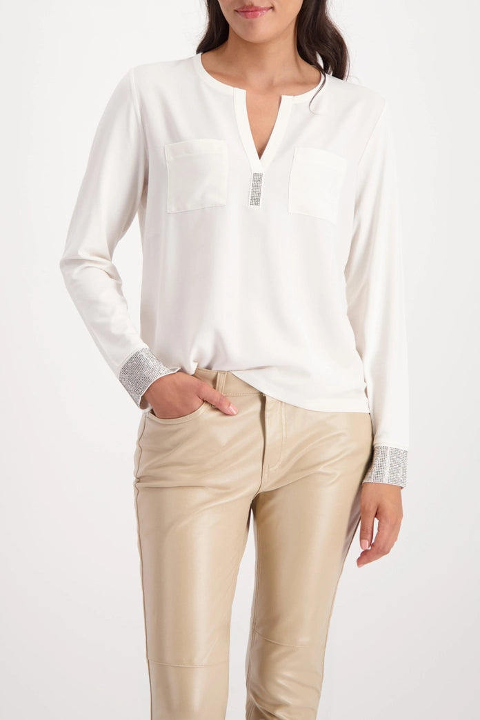 Elegant Crepe Blouse with Rhinestone detail on sleeve hem