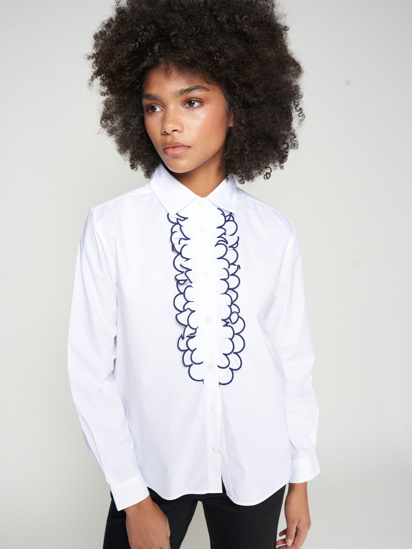 Vilagallo White Shirt Navy Ruffle