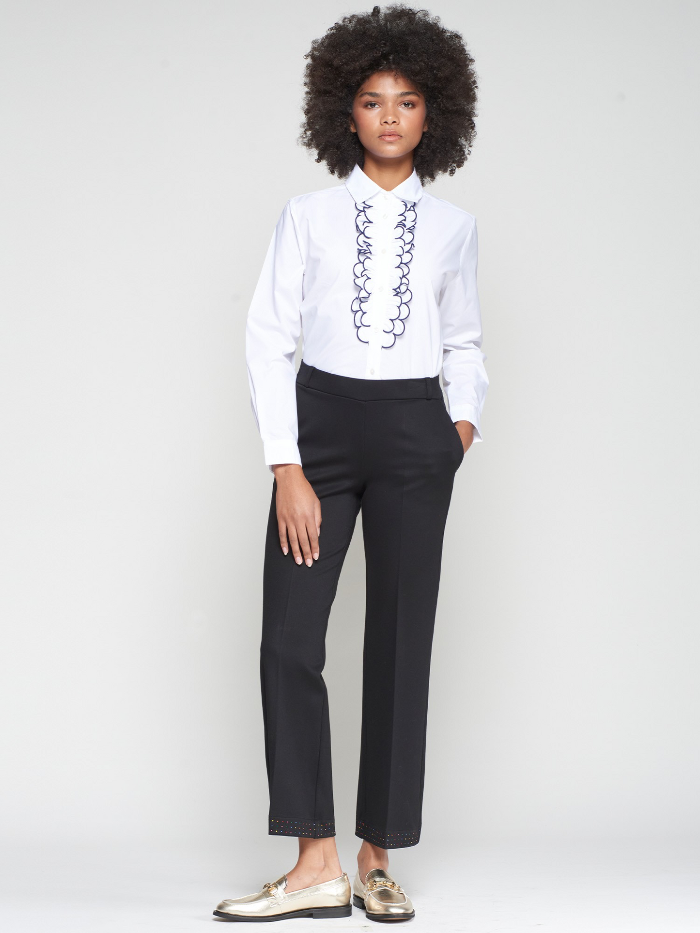 Vilagallo White Shirt Navy Ruffle