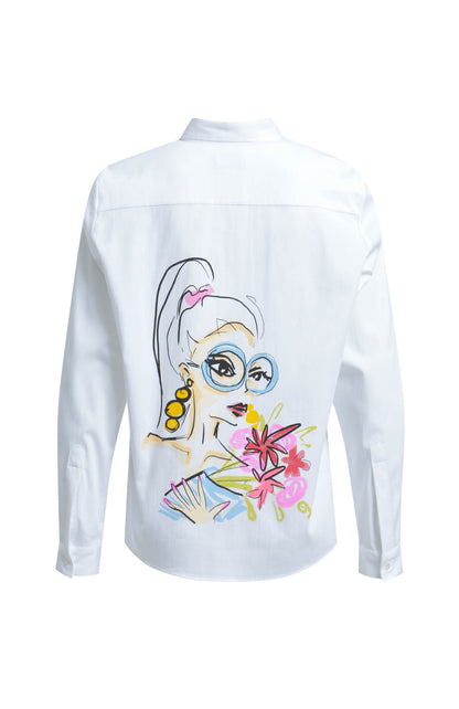 White shirt blouse with plain front and illustrated female figure and floral artwork on the back