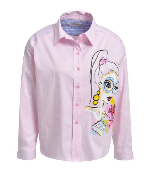 Pink button-down shirt with long sleeves and artistic female illustration print on the front.