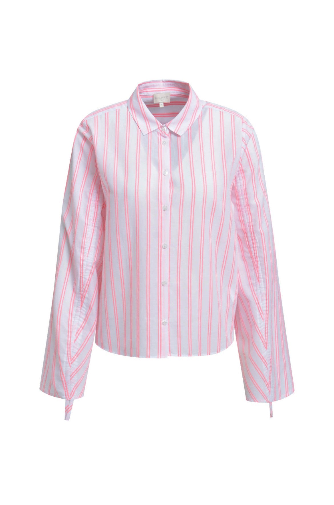Pink and white striped women's cotton shirt with long sleeves, button front and classic collar/. 
