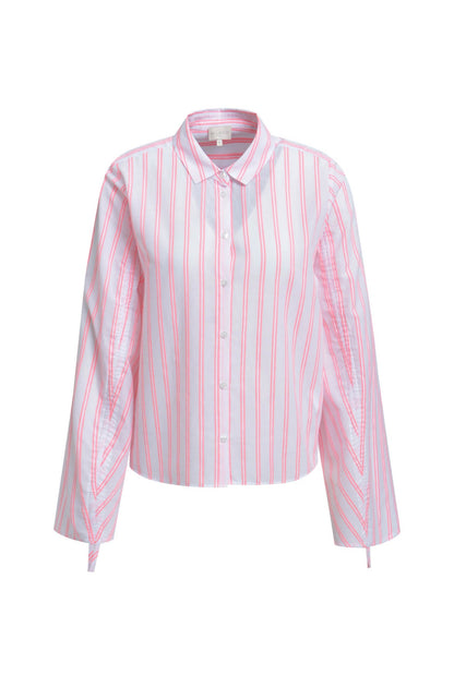 Pink and white striped women's cotton shirt with long sleeves, button front and classic collar/. 