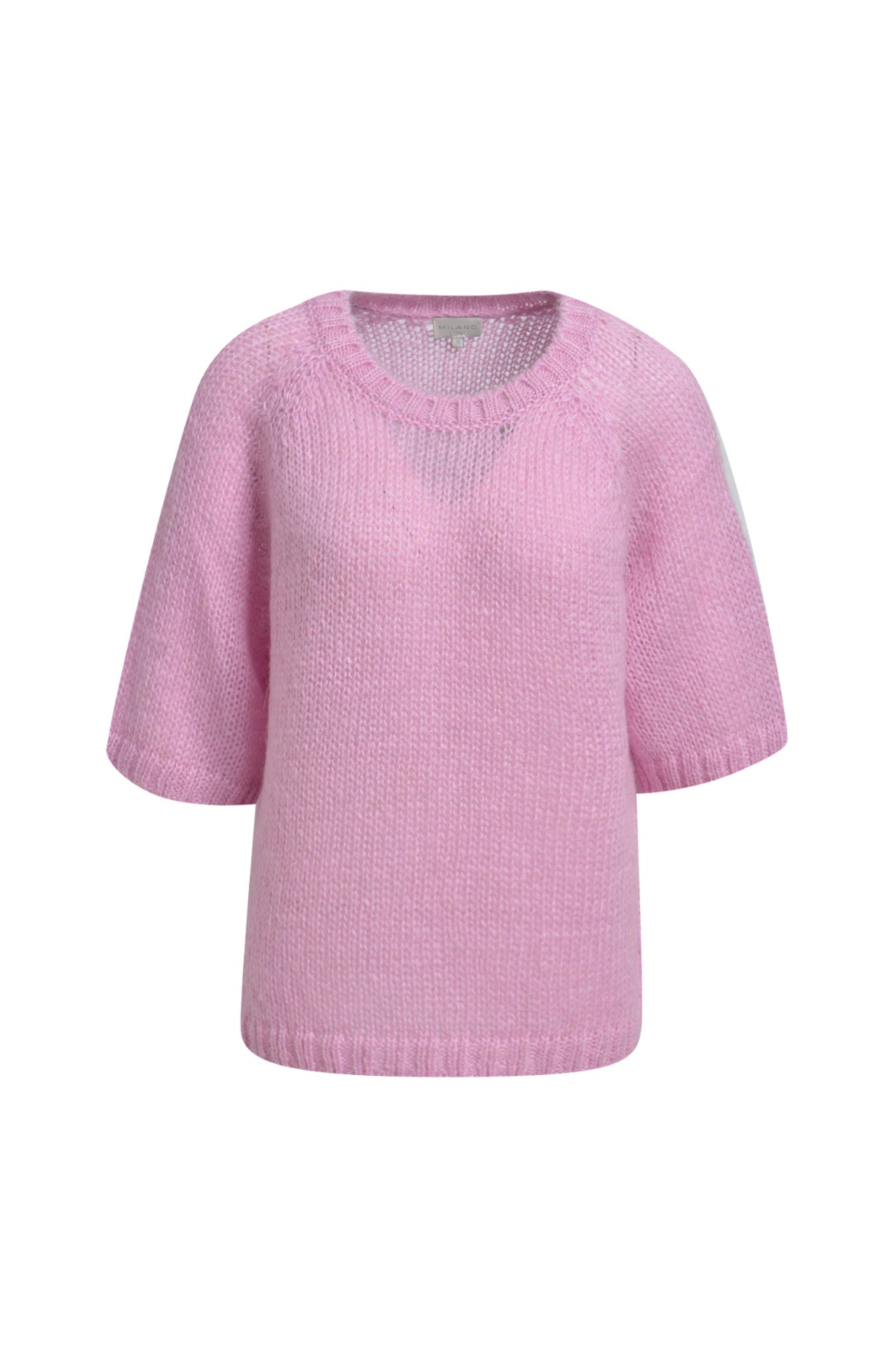 Pink textured sweater with a round neckline and short sleeve, lightweight and relaxed fit