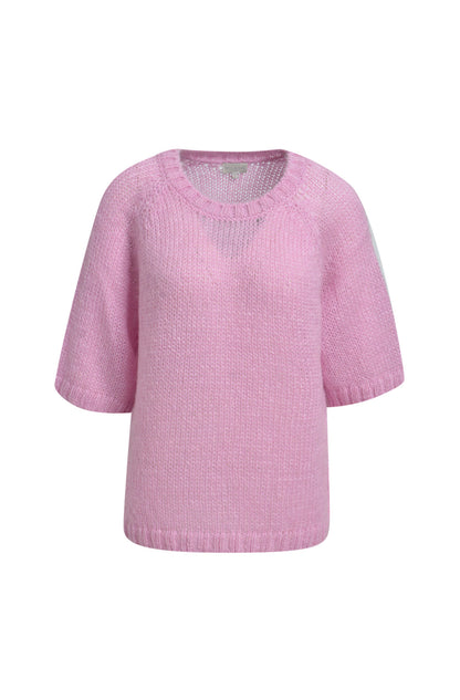 Pink textured sweater with a round neckline and short sleeve, lightweight and relaxed fit
