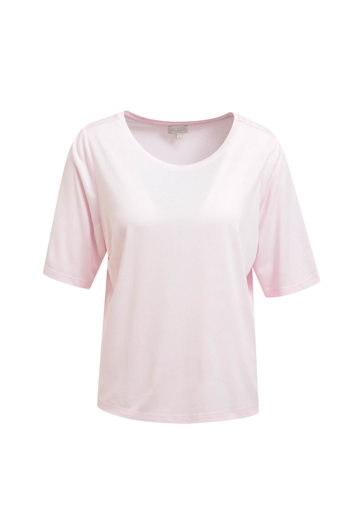 Soft pink short sleeve T-shirt with round neckline and relaxed fit on white background