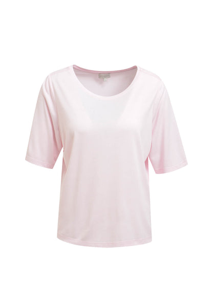 Soft pink short sleeve T-shirt with round neckline and relaxed fit on white background
