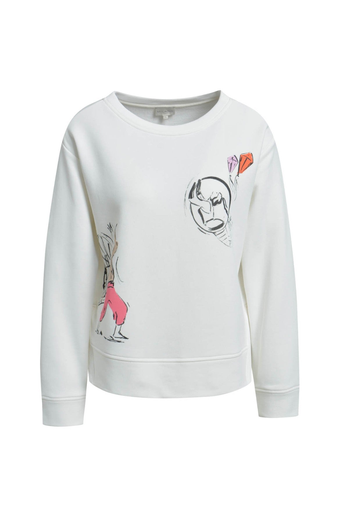 White crewneck sweatshirt with long sleeves and whimsical illustrated artwork featuring abstract figures and colorful kites on the front and back