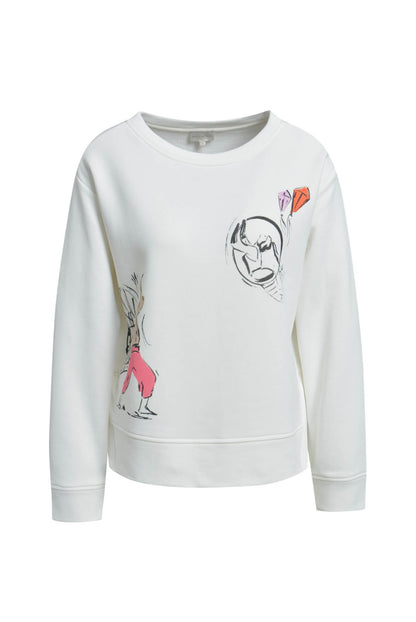 White crewneck sweatshirt with long sleeves and whimsical illustrated artwork featuring abstract figures and colorful kites on the front and back