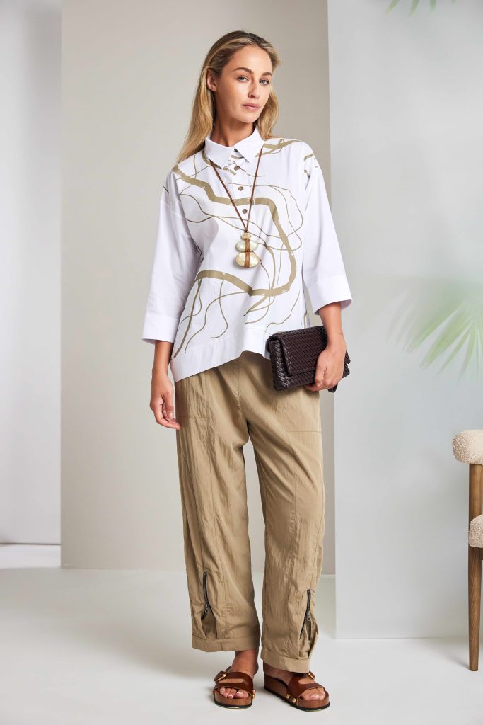 Placket Print Top With Contrast Hem panel And Cuff