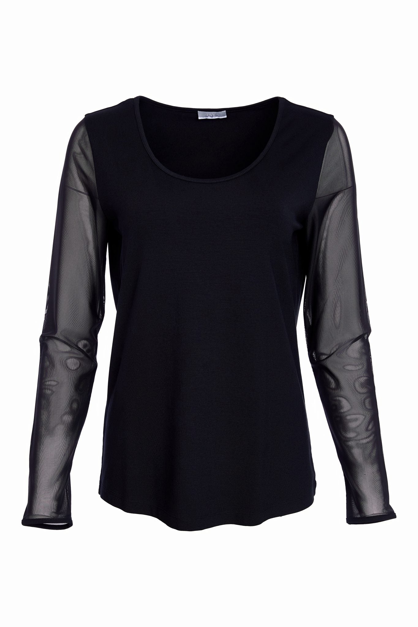 The NAYA scoop neck top dazzles with a mesh sleeve. 
