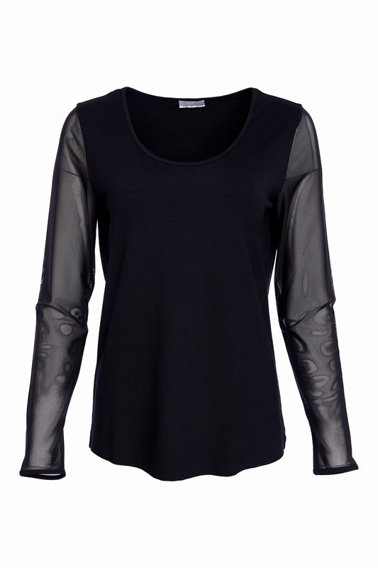 The NAYA scoop neck top dazzles with a mesh sleeve. 