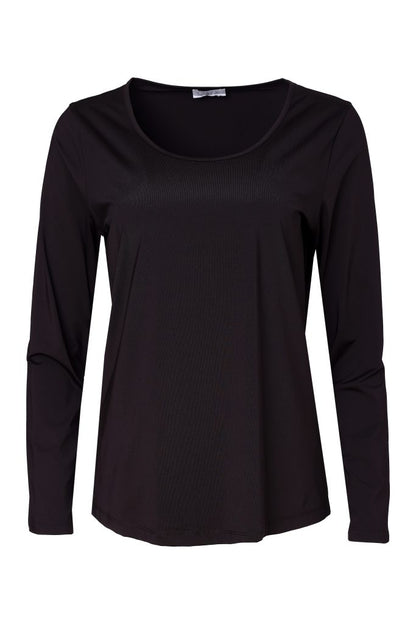 A black long-sleeve scoop-neck top displayed on a clean white background.