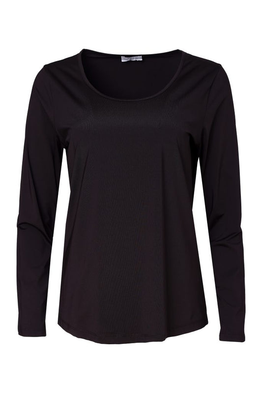 A black long-sleeve scoop-neck top displayed on a clean white background.