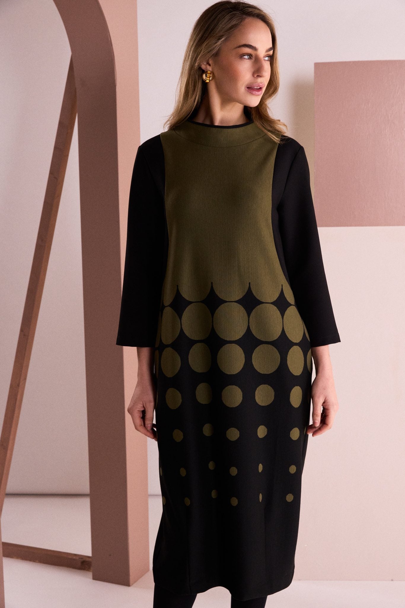 Spot Border Print High Neck Dress With Contrast Sleeve