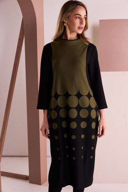 Spot Border Print High Neck Dress With Contrast Sleeve