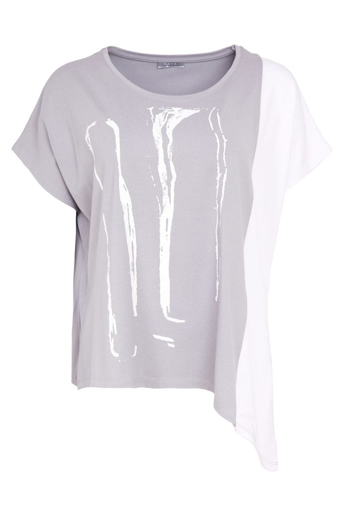 Light gray t-shirt with a glossy design on a white background