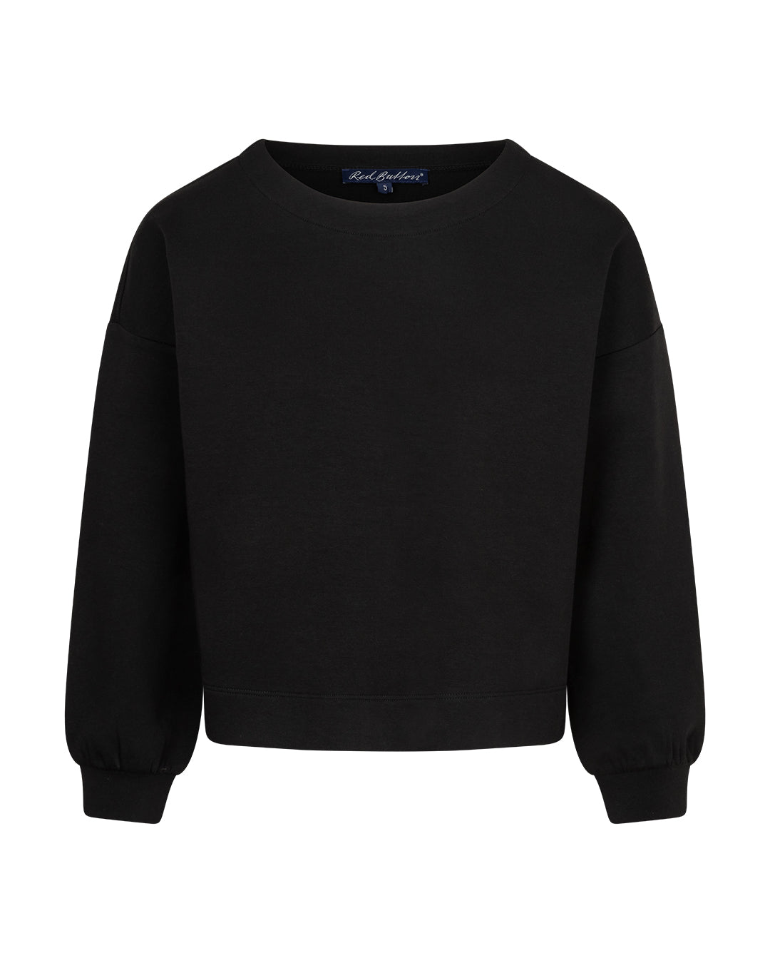 A black crewneck sweatshirt with long balloon sleeves and ribbed cuffs, shown against a plain white background. The brand name Red Button is visible on the inner neck label.