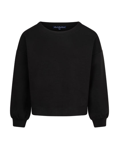 A black crewneck sweatshirt with long balloon sleeves and ribbed cuffs, shown against a plain white background. The brand name Red Button is visible on the inner neck label.