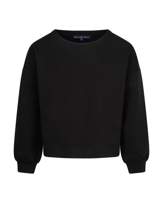 A black crewneck sweatshirt with long balloon sleeves and ribbed cuffs, shown against a plain white background. The brand name Red Button is visible on the inner neck label.