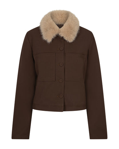 Red Button Jacket & fur collar Brown