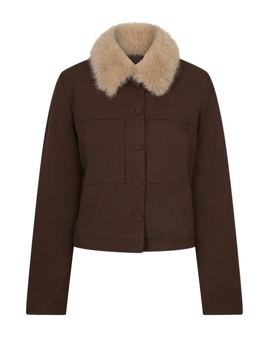 Red Button Jacket & fur collar Brown