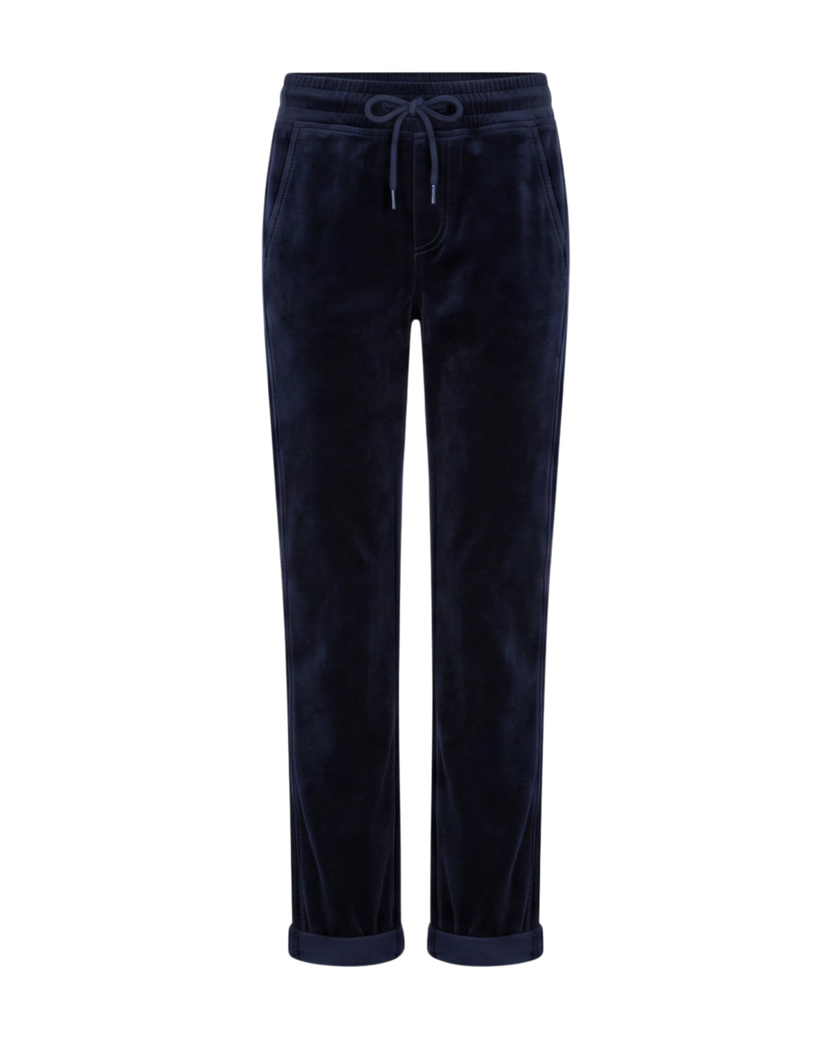 A pair of dark navy blue velvet jogger pants with a drawstring waistband and rolled cuffs, shown against a plain white background.