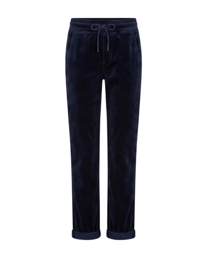 A pair of dark navy blue velvet jogger pants with a drawstring waistband and rolled cuffs, shown against a plain white background.