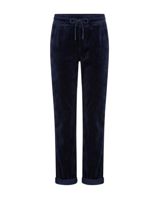 A pair of dark navy blue velvet jogger pants with a drawstring waistband and rolled cuffs, shown against a plain white background.