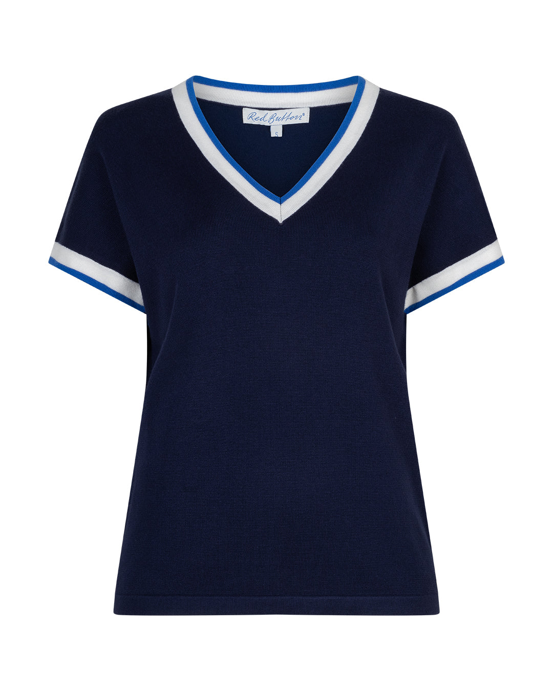 Navy blue t-shirt with white and blue trim on a white background