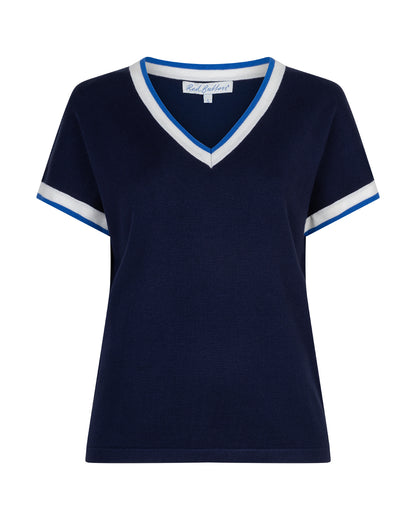 Navy blue t-shirt with white and blue trim on a white background