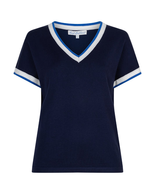 Navy blue t-shirt with white and blue trim on a white background