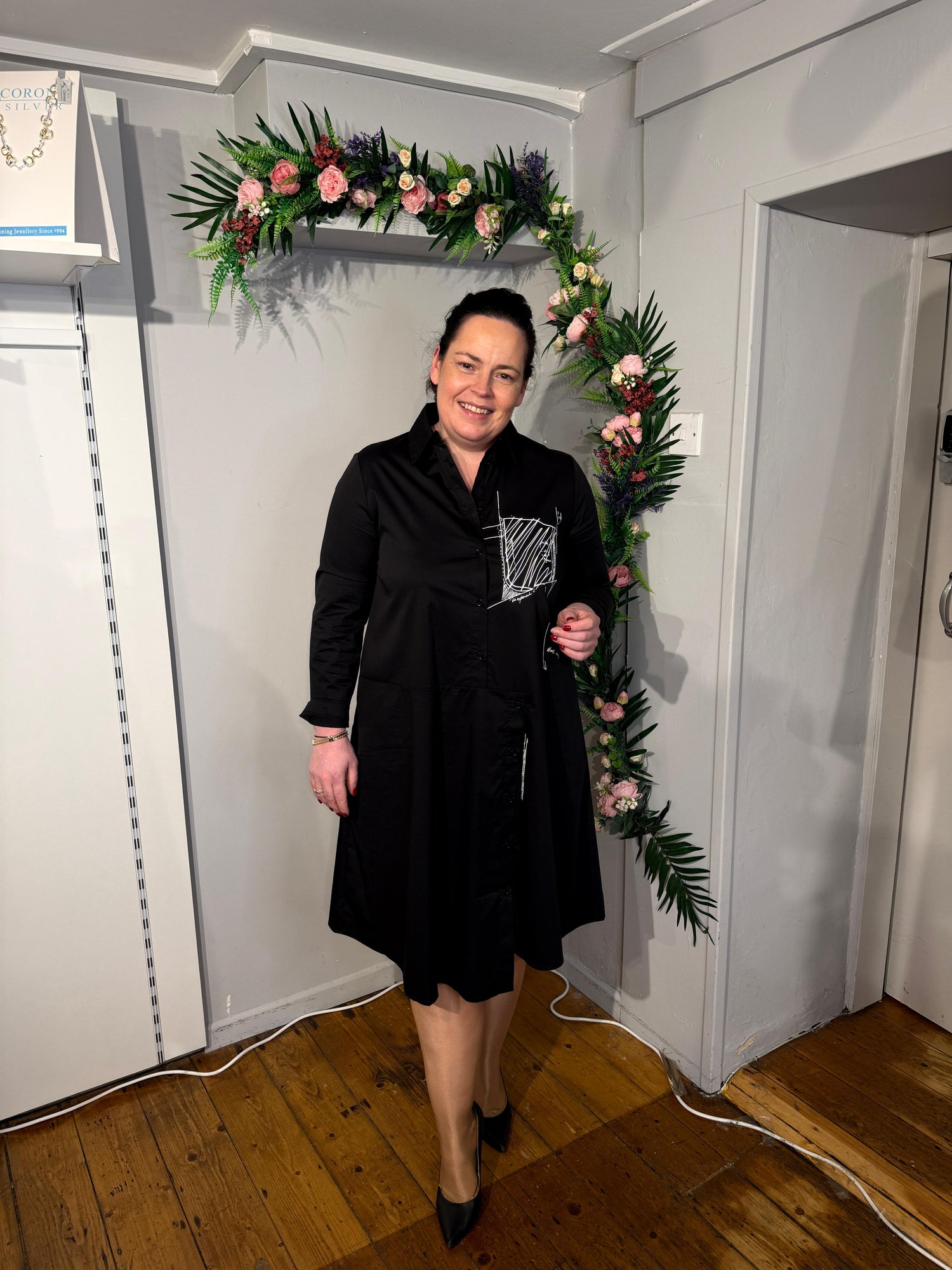 Black Long sleeved UCHUU shirt dress with white abstract graphic detail