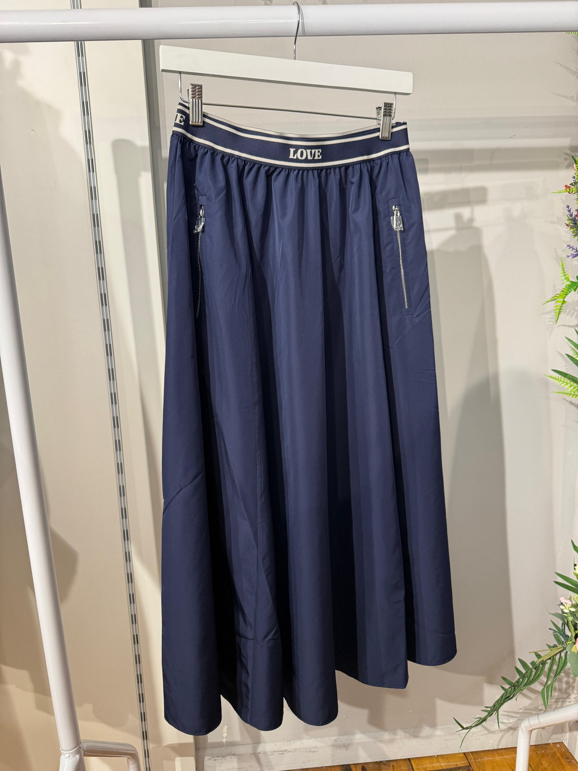 Navy A-line midi skirt with elasticated waistband