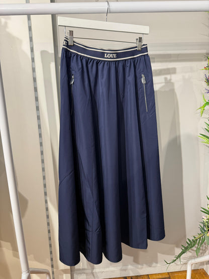 Navy A-line midi skirt with elasticated waistband