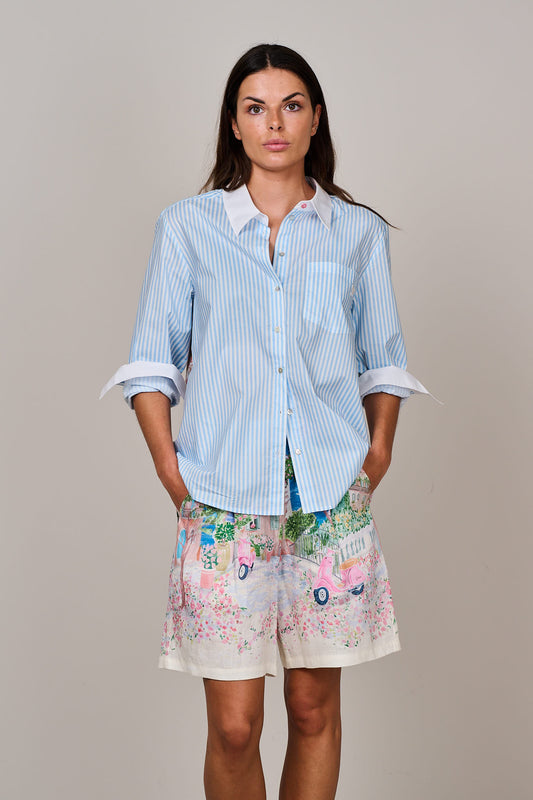 Yess Belgium shirt wtih blue stripes and amalfi coast print on back of shirt. Perfect for holidays, casual wear. 