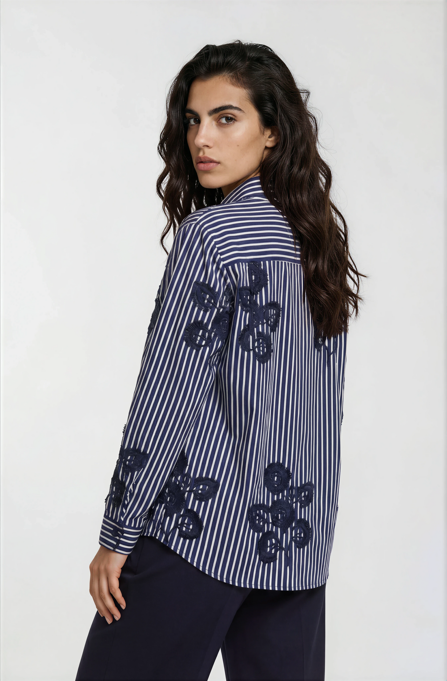 Pinstripe Blouse with Embroidery Detail