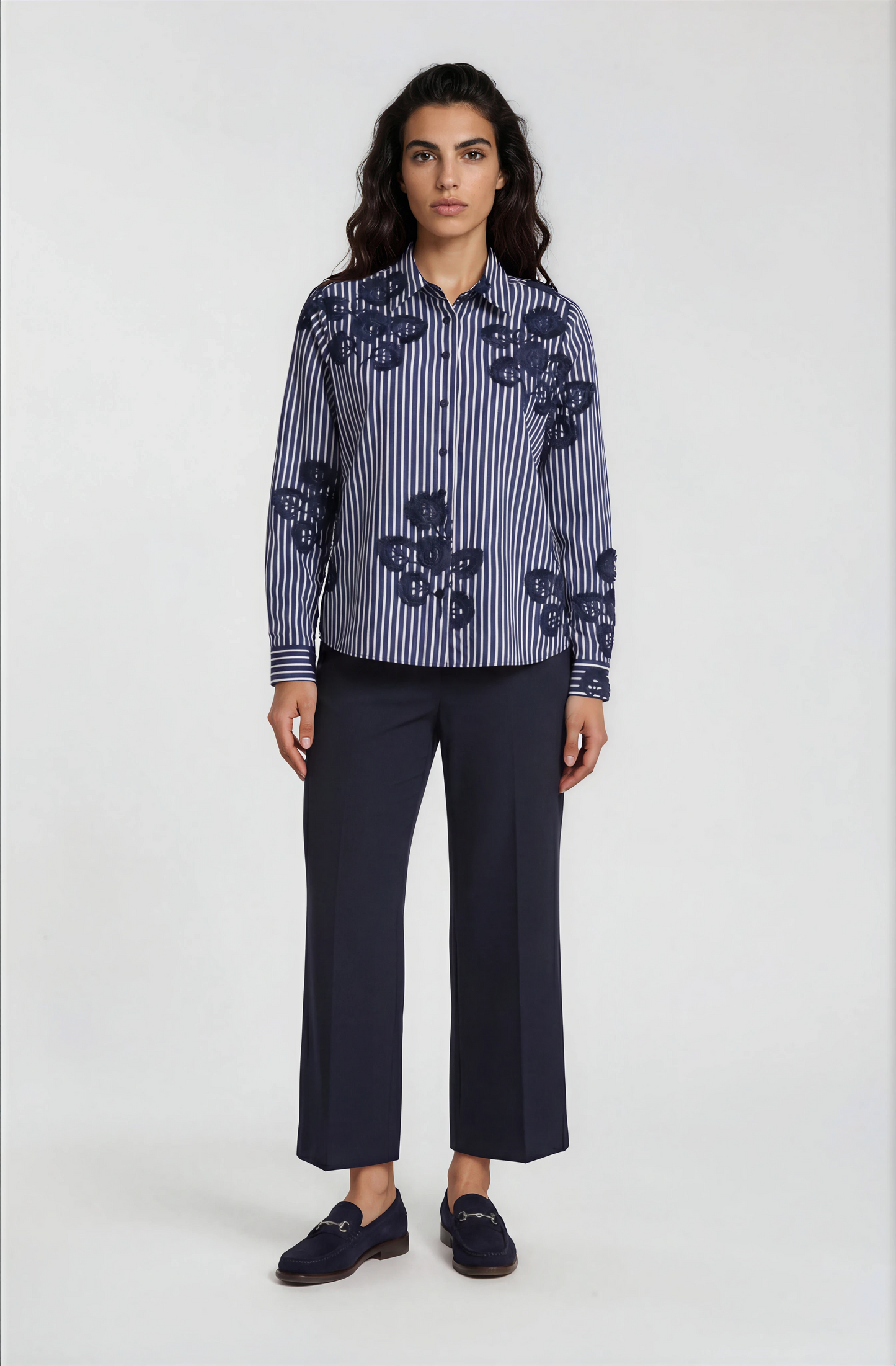 Pinstripe Blouse with Embroidery Detail