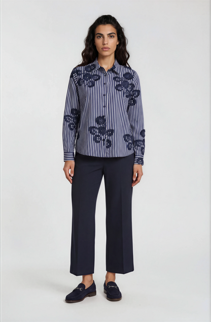 Pinstripe Blouse with Embroidery Detail